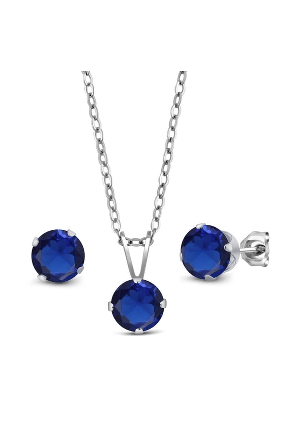 2.25 Ct Blue Created Sapphire 925 Silver Pendant and Earrings Jewelry Set With Chain