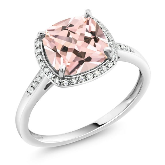 Gem Stone King 2.25 Ct Cushion Peach Nano Morganite White Diamond 10K White Gold Ring