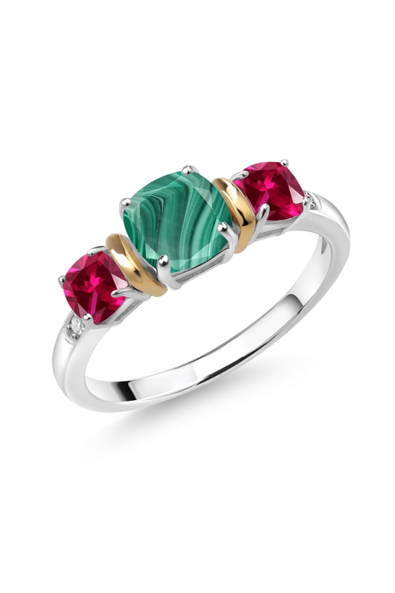 2.25 Ct Green Malachite Red Created Ruby 925 Silver and 10K Yellow Gold Diamond 3-Stone Ring (Size 8)