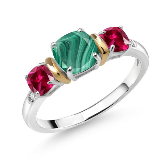 Gem Stone King 2.25 Ct Green Malachite Red Created Ruby 925 Silver and 10K Yellow Gold Diamond 3-Stone Ring (Size 6)