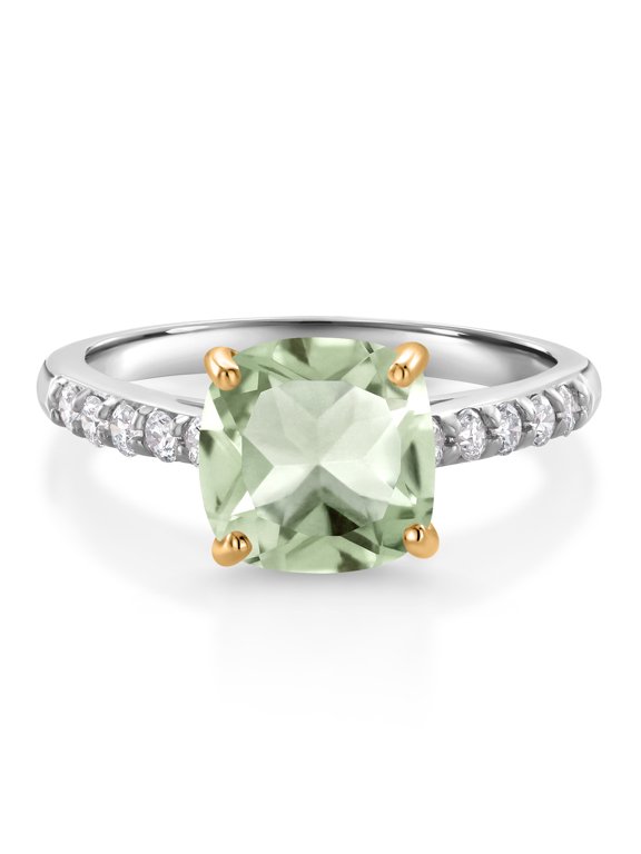 2.25 Ct Green Prasiolite G/H Lab Grown Diamond 10K White Gold Engagement Ring with Yellow Gold Prongs (Size 7)
