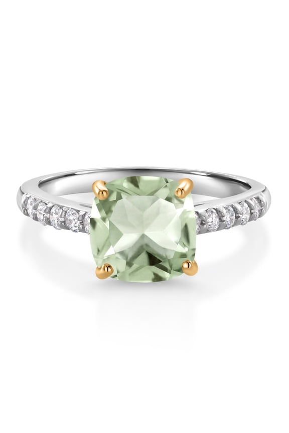 2.25 Ct Green Prasiolite G/H Lab Grown Diamond 10K White Gold Engagement Ring with Yellow Gold Prongs (Size 7)