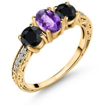 Gem Stone King 2.25 Ct Oval Checkerboard Purple Amethyst Black Sapphire 18K Yellow Gold Plated Silver Ring (Size 9)