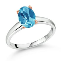Gem Stone King 2.25 Ct Oval Checkerboard Swiss Blue Topaz 925 Silver and 10K Rose Gold Ring Ring (Size 8)