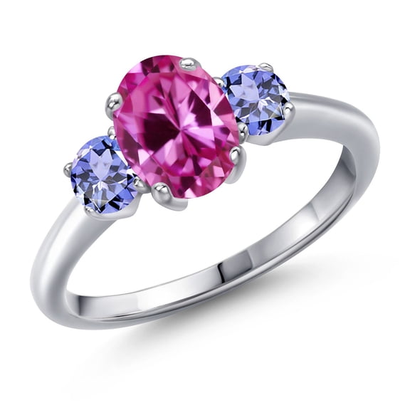 Gem Stone King 2.25 Ct Oval Pink Created Sapphire Blue Tanzanite 925 Sterling Silver Ring (Size 8)