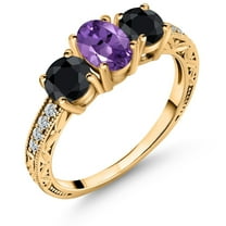 Gem Stone King 2.25 Ct Oval Purple Amethyst Black Sapphire 18K Yellow Gold Plated Silver Ring (Size 9)