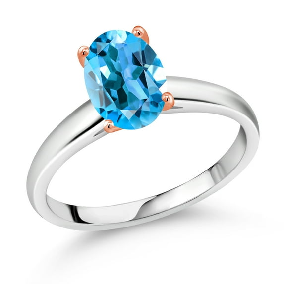 Gem Stone King 2.25 Ct Oval Swiss Blue Topaz 10K White and Rose Gold Ring (Size 7)