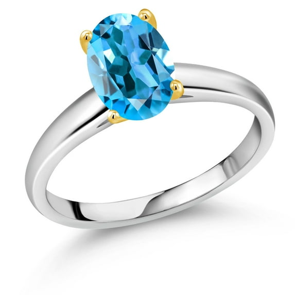 Gem Stone King 2.25 Ct Oval Swiss Blue Topaz 10K White and Yellow Gold Ring Ring (Size 8)