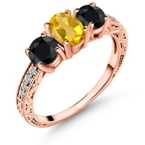 Gem Stone King 2.25 Ct Oval Yellow Citrine Black Sapphire 18K Rose Gold Plated Silver Ring (Size 7)