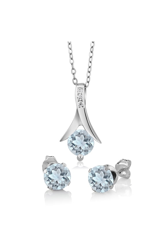 2.25 Ct Round Aquamarine 925 Sterling Silver Pendant and Earrings Jewelry Set 18 inches Chain