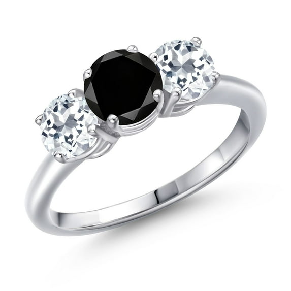 Gem Stone King 925 Sterling Silver Black Diamond and White Topaz Engagement Ring for Women | 2.25 Cttw | Round 6MM | Gemstone April Birthstone | Size 7