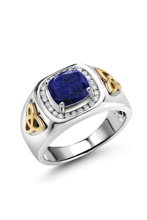 2.26 Ct Blue Lapis Lab Grown Diamond 925 Silver and 10K Yellow Gold Men's Ring | Size 13
