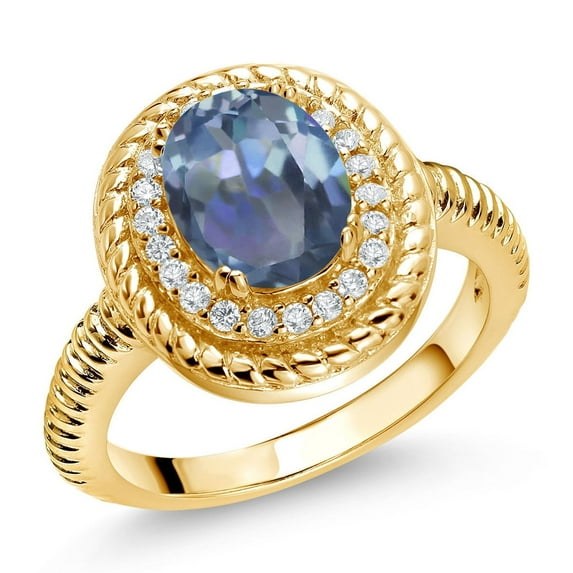 Gem Stone King 2.26 Ct Oval Cassiopeia Mystic Topaz 18K Yellow Gold Plated Silver Halo Engagement Ring (Size 8)