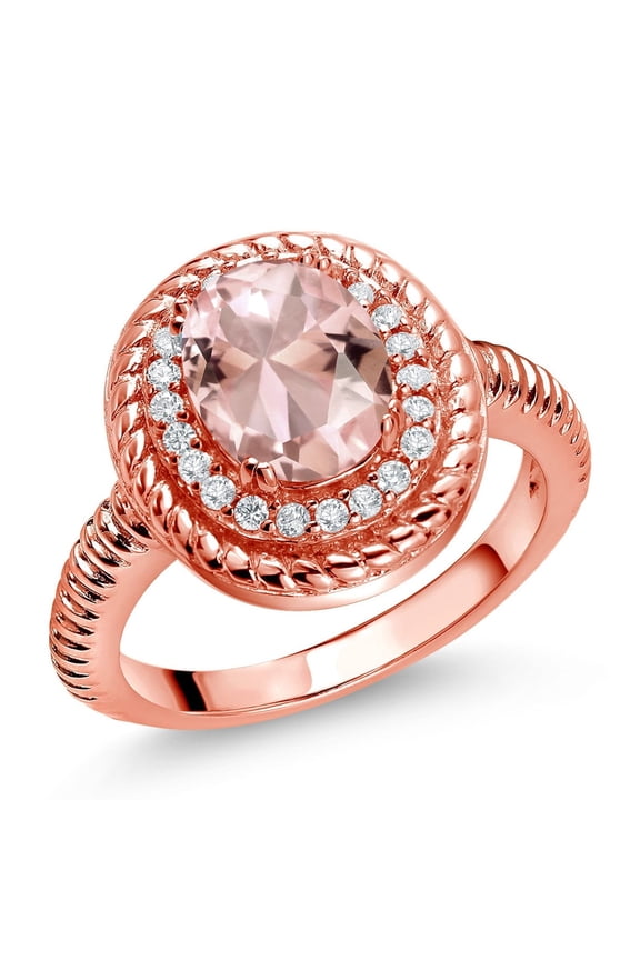 2.26 Ct Oval Peach Nano Morganite 18K Rose Gold Plated Silver Halo Engagement Ring (Size 6)
