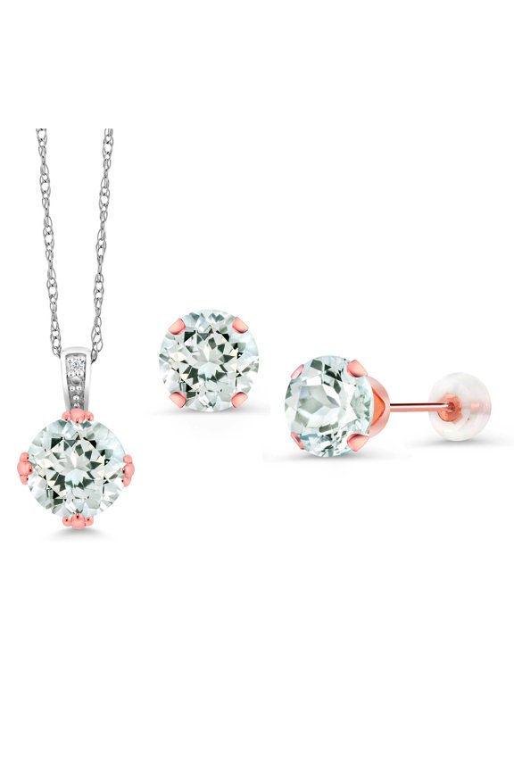 2.26 Ct Sky Blue Aquamarine White Diamond 10K Two-Tone Gold Pendant and Earrings Jewelry Set