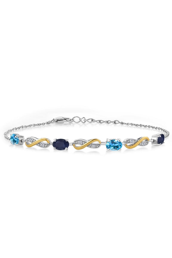 2.26 Ct Swiss Blue Topaz Blue Sapphire 925 Silver and 10K Yellow Gold Lab Grown Diamond Infinity Bracelet for Women Mother's Mom Wife Her, Fully Adjustable up to 7.5 inch)