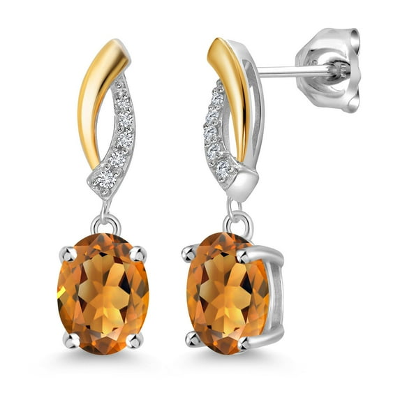 Gem Stone King 2.27 Ct Oval 8x6mm Orange Red Madeira Citrine 925 Silver and 10K Yellow Gold Lab Grown Diamond Dangle Earrings