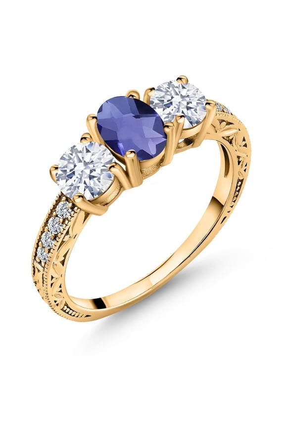 2.27 Ct Oval Checkerboard Blue Iolite 18K Yellow Gold Plated Silver Ring