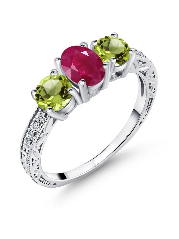 2.27 Cttw Red Ruby and Green Peridot 3-Stone Ring for Women | 925 Sterling Silver | Oval 7X5MM and Round 5MM | Gemstone Birthstone (Size 5)