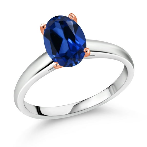 Gem Stone King 2.30 Ct Blue Created Sapphire 10K White and Rose Gold Ring (Size 5)