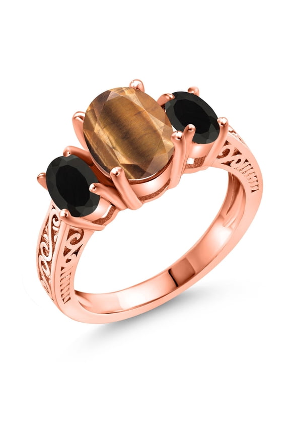 2.30 Ct Oval Brown Tiger Eye Black Onyx 18K Rose Gold Plated Silver Ring (Size 7)