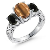 Gem Stone King 2.30 Cttw Oval Brown Tiger Eye and Black Onyx 925 Sterling Silver Ring for Women | Gemstone Birthstone | Oval 9X7MM and 6X4MM (Size 8)
