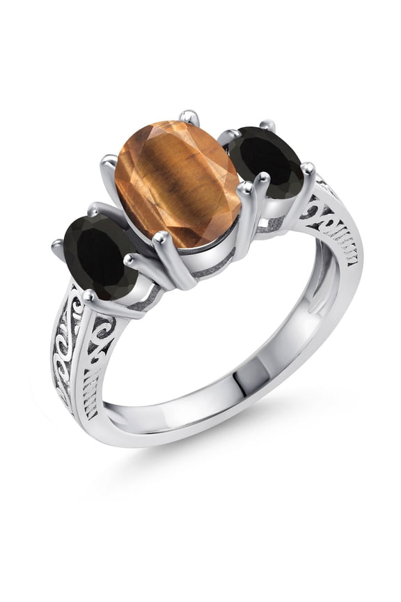 2.30 Cttw Oval Brown Tiger Eye and Black Onyx 925 Sterling Silver Ring for Women | Gemstone Birthstone | Oval 9X7MM and 6X4MM (Size 8)