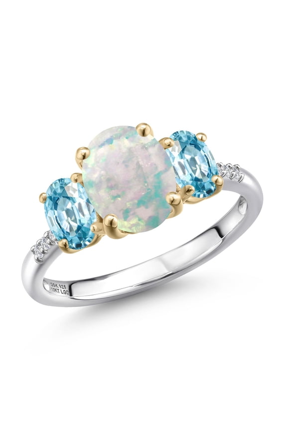 925 Silver and 10K Yellow Gold Simulated White Opal and Blue Zircon and Lab Grown Diamond Engagement Ring for Women | 2.36 Cttw | Oval Cabochon 9X7MM | October Birthstone | Size 6