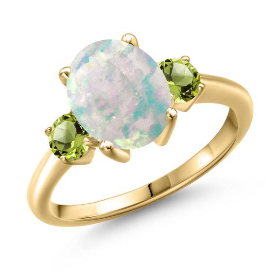 Gem Stone King 2.30 Ct Oval Cabochon White Simulated Opal Green Peridot 18K Yellow Gold Plated Silver Ring (Size 7)