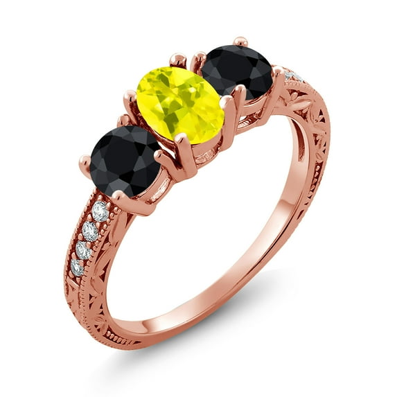 Gem Stone King 2.30 Ct Oval Canary Mystic Topaz Black Sapphire 18K Rose Gold Plated Silver Moissanite Ring (Size 7)