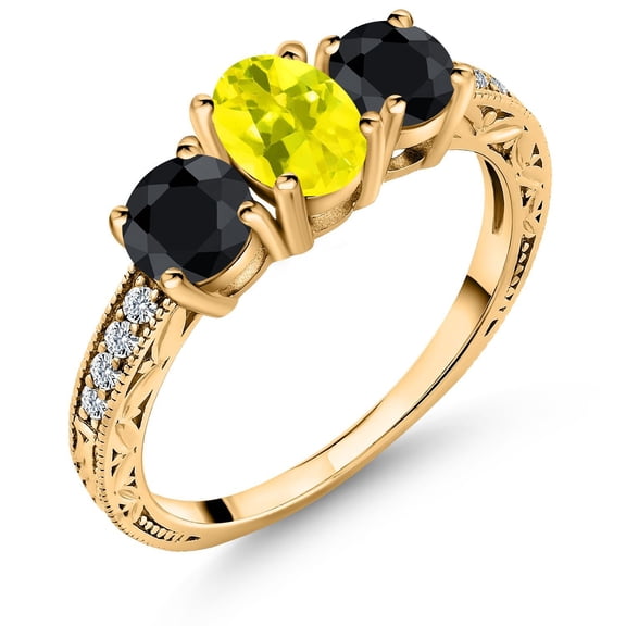 Gem Stone King 2.30 Ct Oval Canary Mystic Topaz Black Sapphire 18K Yellow Gold Plated Silver Ring (Size 5)