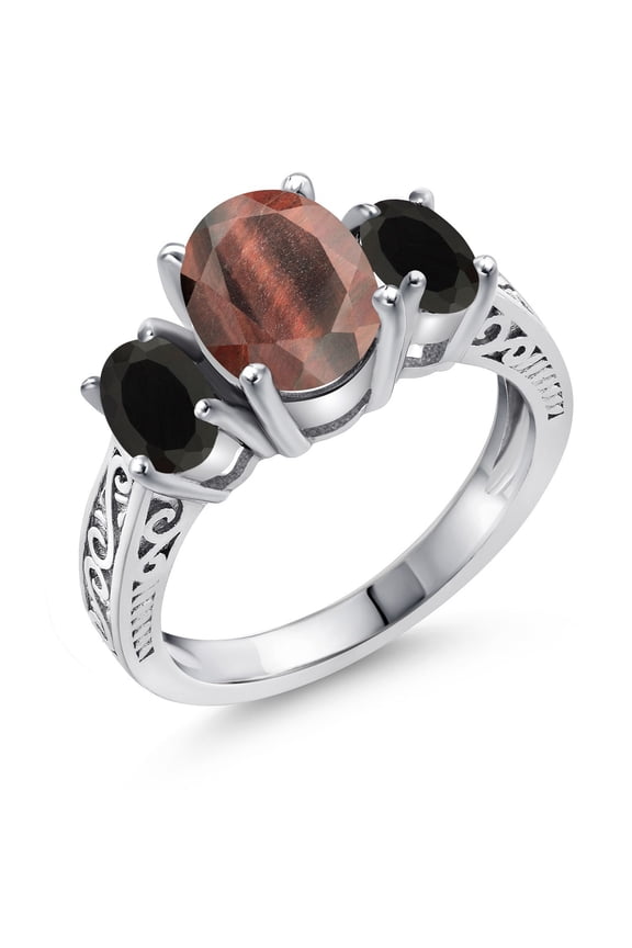 2.30 Ct Oval Red Tiger Eye Black Onyx 925 Sterling Silver Ring (Size 7)