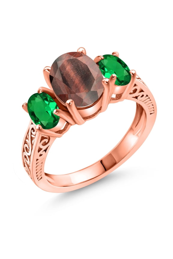 2.30 Ct Oval Red Tiger Eye Green Nano Emerald 18K Rose Gold Plated Silver Ring (Size 5)
