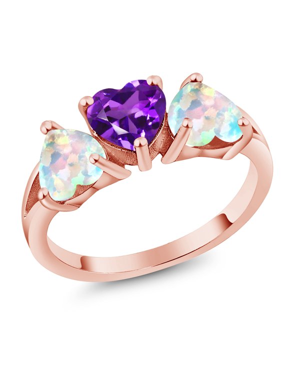 2.30 Cttw Purple Amethyst and White Simulated Opal 18K Rose Gold Plated Silver Ring for Women | Three Stone Wedding Engagement Anniversary Promise Ring for Women | Size 6
