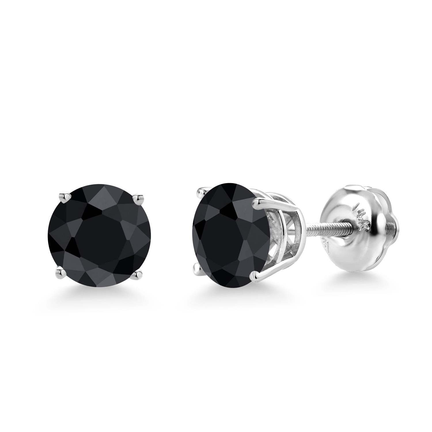 Gem Stone King 2.30 Ct Round 6mm Black Sapphire 14K White Gold Screwback Stud Earrings for Women Men