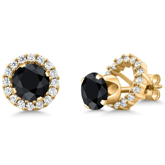 Gem Stone King 2.30 Ct Round 6mm Black Sapphire 18K Yellow Gold Plated Silver Stud Earrings