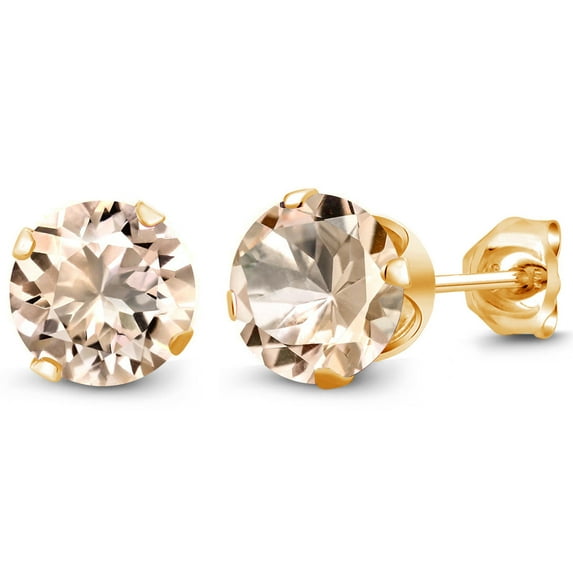 Gem Stone King 2.30 Ct Round 7mm Peach Morganite 18K Yellow Gold Plated Silver Stud Earrings for Women Men