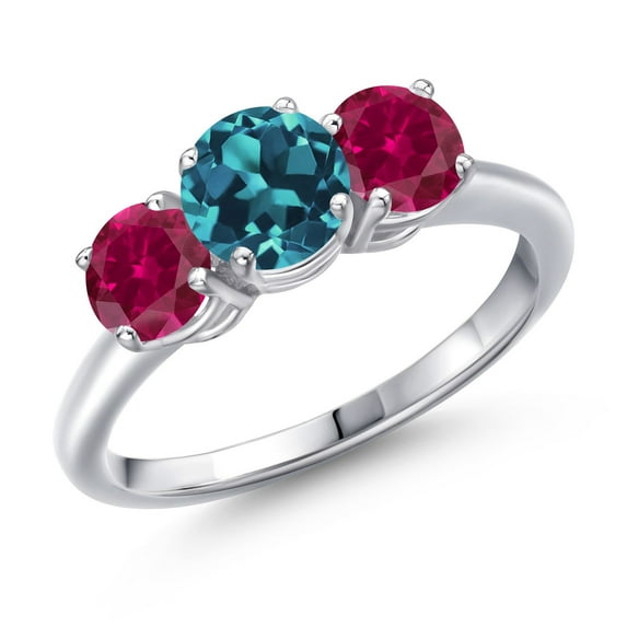 Gem Stone King 925 Sterling Silver London Blue Topaz and Red Created Ruby Engagement Ring for Women | 2.30 Cttw | Round 6MM | Gemstone November Birthstone | Size 5
