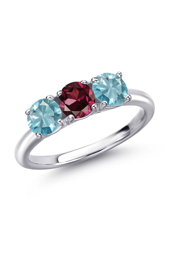 925 Sterling Silver Red Rhodolite Garnet and Blue Zircon Engagement Ring for Women | 2.30 Cttw | Round 5MM | Gemstone January Birthstone | Size 7