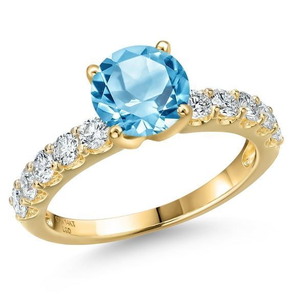 Gem Stone King 14K Yellow Gold Swiss Blue Topaz and Lab Grown Diamond Engagement Ring for Women | 2.30 Cttw | Round 7MM | Gemstone November Birthstone | Size 7