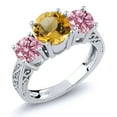 thumbnail image 1 of Gem Stone King 2.30 Ct Round Yellow Citrine Pink Lab Grown Diamond 925 Sterling Silver Ring, 1 of 4