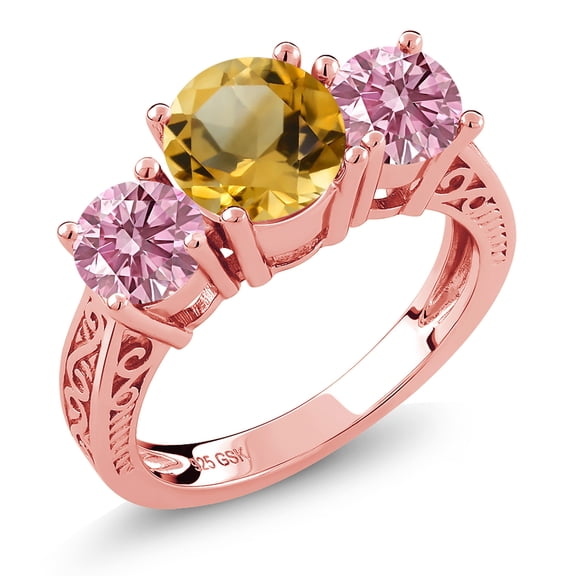 Gem Stone King 2.30 Ct Yellow Citrine Pink Lab Grown Diamond 18K Rose Gold Plated Silver Ring (Size 7)