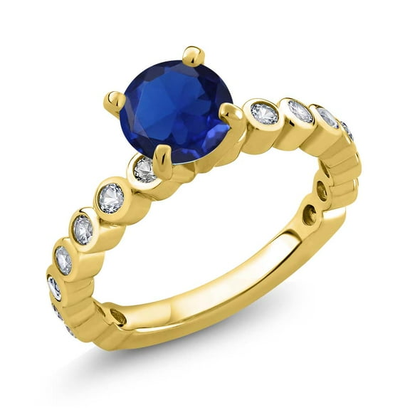 Gem Stone King 2.31 Ct Blue and White Created Sapphire 18K Yellow Gold Plated Silver Ring (Size 8)
