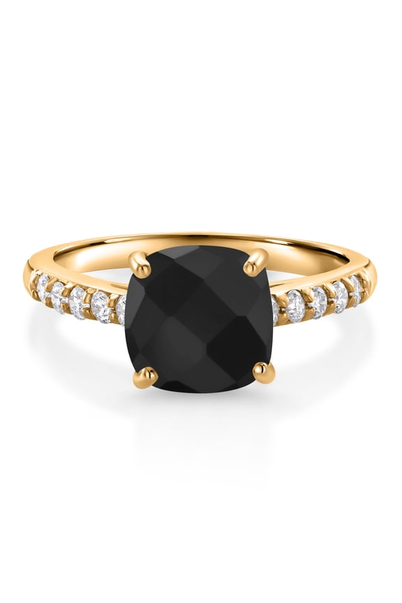 2.31 Ct Cushion Checkerboard Black Onyx G/H Lab Grown Diamond 10K Yellow Gold Engagement Ring (Size 6)