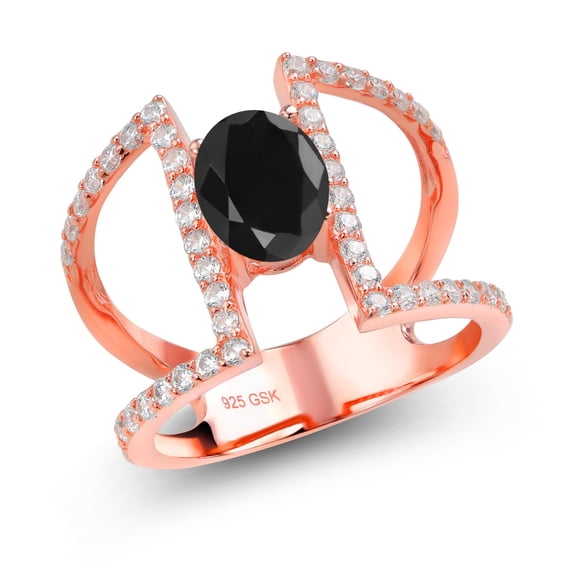 Gem Stone King 2.32 Ct Oval Black Sapphire 18K Rose Gold Plated Sterling Silver Ring (Size 8) (Size 8)