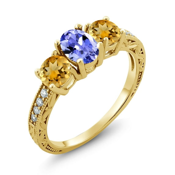 Gem Stone King 2.32 Ct Oval Blue Tanzanite Yellow Citrine 18K Yellow Gold Plated Silver Moissanite Ring (Size 8)