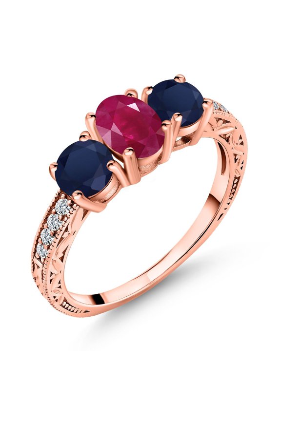 2.32 Ct Oval Red Ruby Blue Sapphire 18K Rose Gold Plated Silver Ring (Size 6)