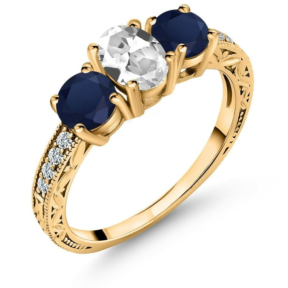 Gem Stone King 2.32 Ct White Created Sapphire Blue Sapphire 18K Yellow Gold Plated Silver Ring (Size 8)