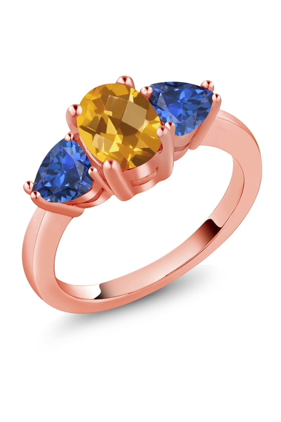 2.33 Ct Oval Checkerboard Yellow Citrine Blue Created Sapphire 18K Rose Gold Plated Silver Ring (Size 5)