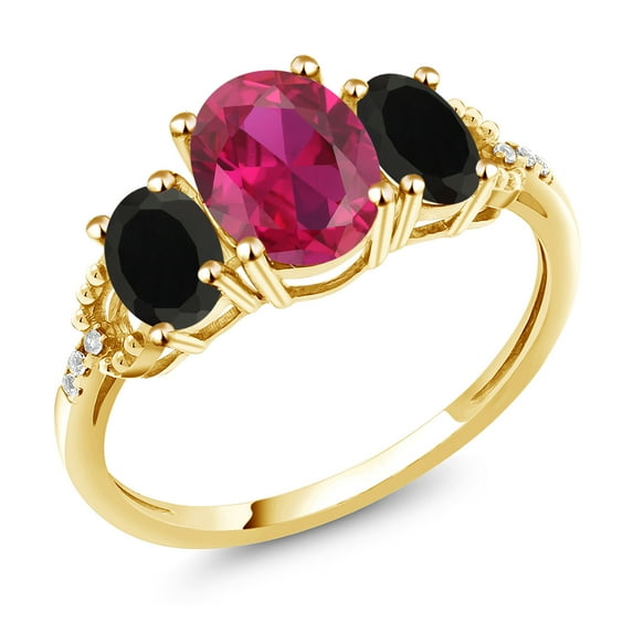 Gem Stone King 2.34 Ct Oval Red Created Ruby Black Onyx 10K Yellow Gold Ring (Size 9)